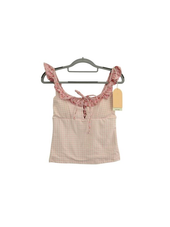 Blogilates Tops - NWT Blogilates Ruffle Lace Up Tank Top XS Pink Gingham Floral Ruffle Tie Front